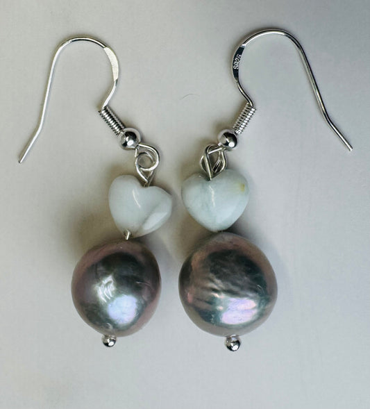 Silver Blue Pearls & Larimar Heart Earrings - 925