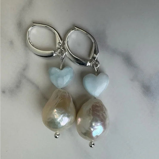 Larimar Heart and Pearl Drop Earrings