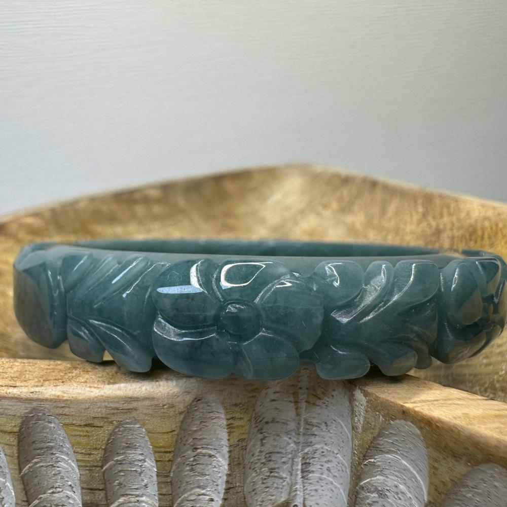 Floral Carved Blue Water Jade Bangle Bracelet - 59.7mm