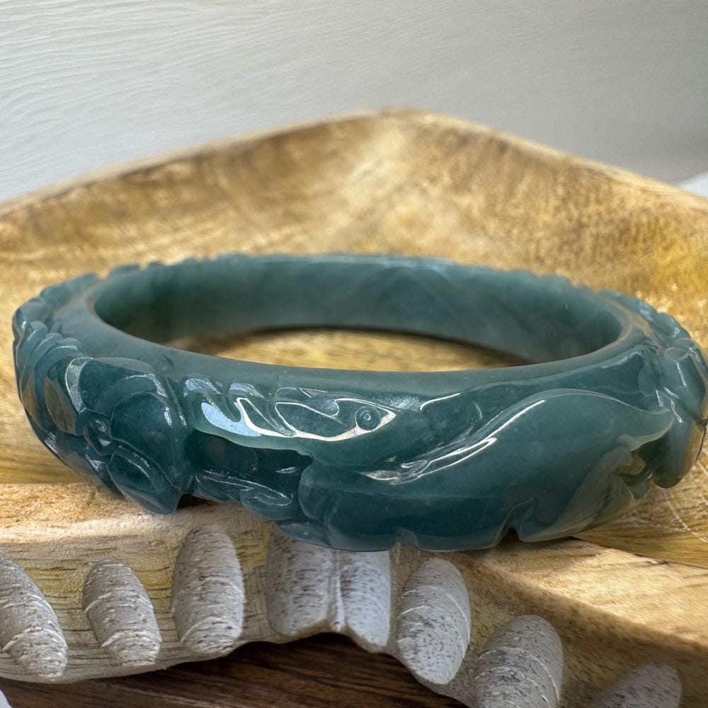 Floral Carved Blue Water Jade Bangle Bracelet - 59.7mm