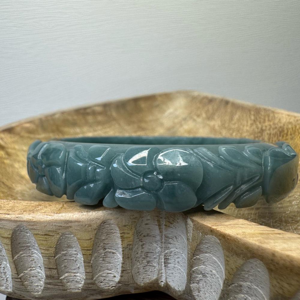 Floral Carved Blue Water Jade Bangle Bracelet - 59.7mm